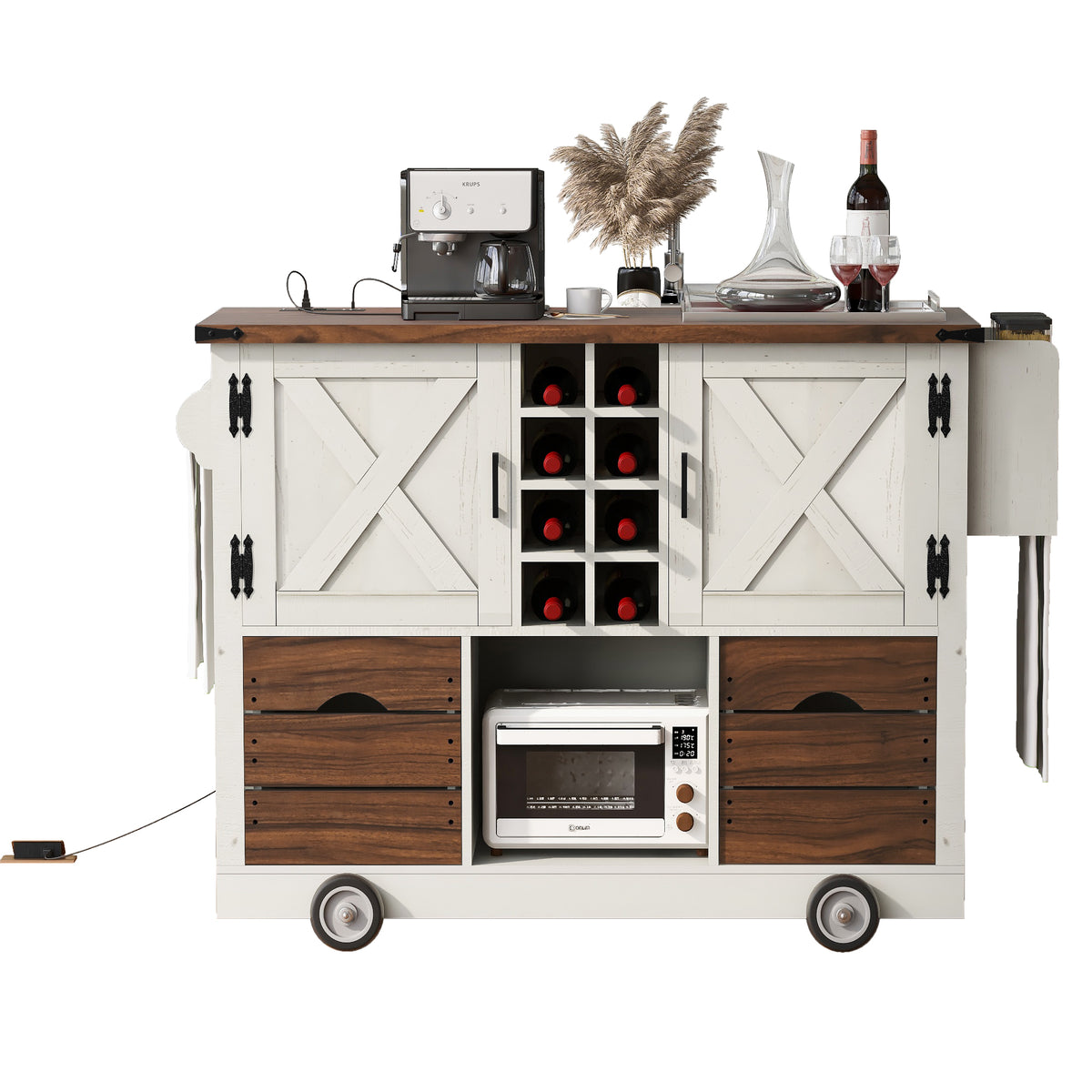 variant-group:rf-n707p349814w|Roomfitters 54" Farmhouse Kitchen Island with Drop Leaf, Power Outlet, Wine Rack, 2 Drawers, 2 Doors, White