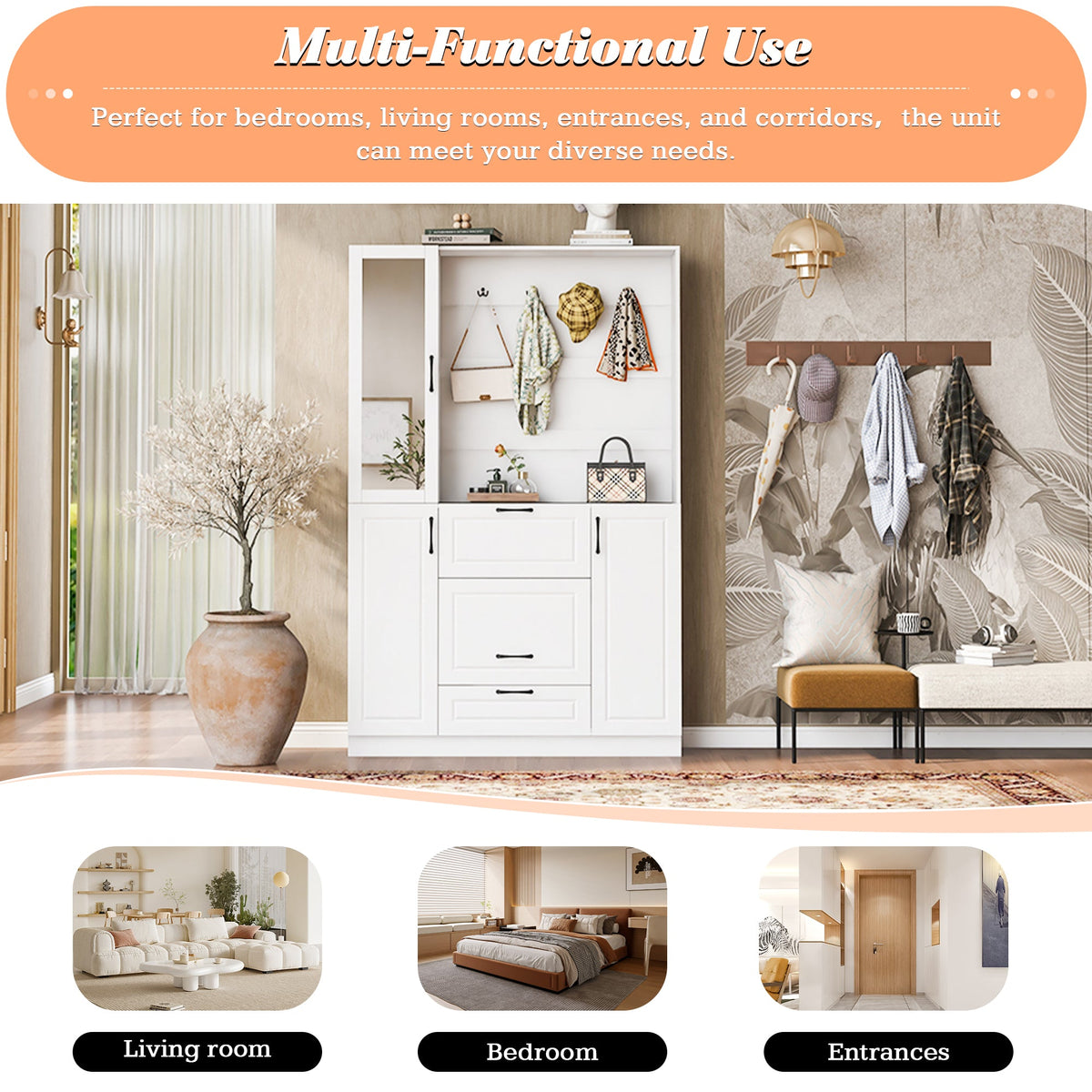 Roomfitters Entryway Bench with Shoe Cabinet and Mirror Door, Foldable Seat and 4 Hooks, White Roomfitters