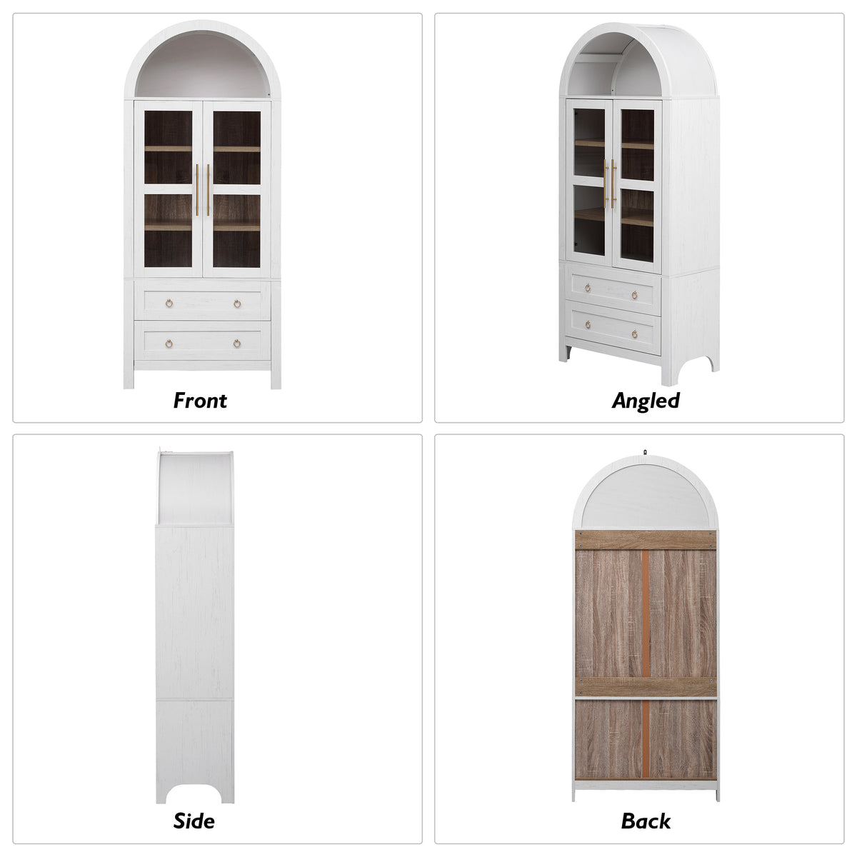 variant-group:rf-n707p288972w|Roomfitters 71" Pantry Cabinet with Arched Top and Glass Doors, 2 Storage Drawers and Adjustable Shelves for Kitchen, White