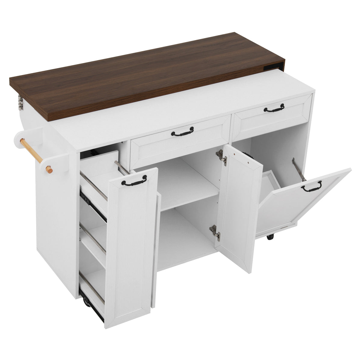 variant-group:rf-n707s000026w|Roomfitters 102.3" Kitchen Island with Tilt Out Trash Can Cabinet, Rolling Storage Cart, Slide-out Spice Rack, White