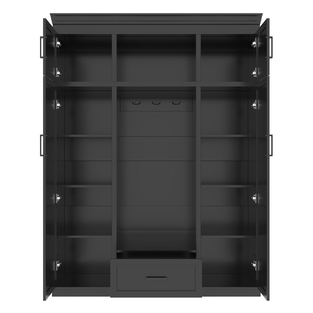 variant-group:rf-n724sj000140aab|Roomfitters 85.2" Hall Tree with Bench, 3 Hooks, 4 Doors, 1 Drawer and Adjustable Storage Shelves, Black