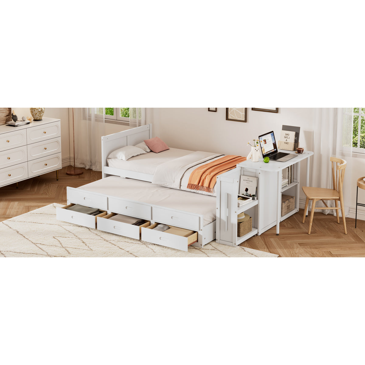variant-group:rf-n733s212832k|Roomfitters Twin Size Multifunctional Wood Platform Bed with Desk and Storage Shelf, Built-in Trundle and Storage, White