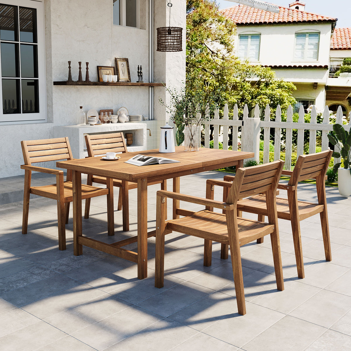 variant-group:rf-n711wy000477aao|Roomfitters Farmhouse 5-Piece Outdoor Dining Set for 4, 59-Inch Rectangular Table, Umbrella Hole, Natural Wood Patio