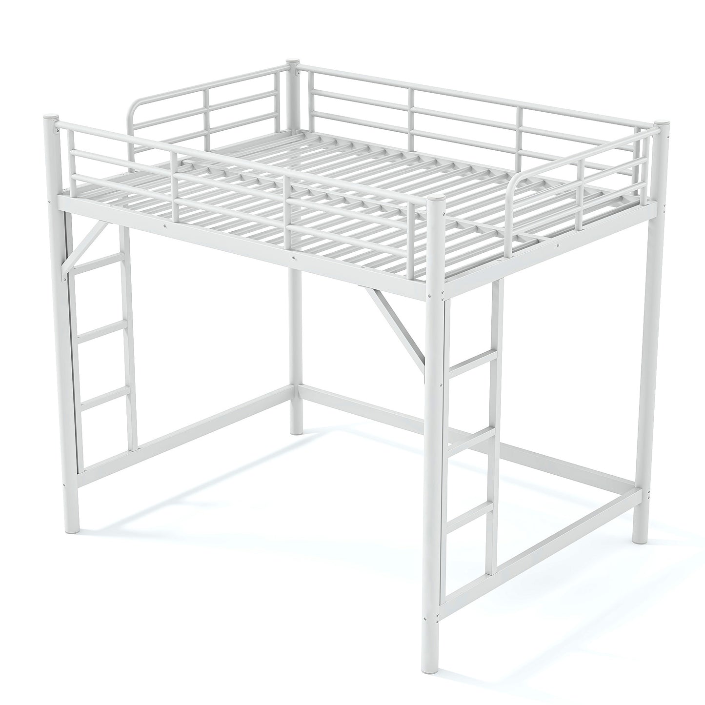 variant-group:rf-w1580p455016|Roomfitters Full Size Metal Loft Bed Frame with Guardrails, Heavy Duty Space Saving High Loft Bed Dual Ladders, White