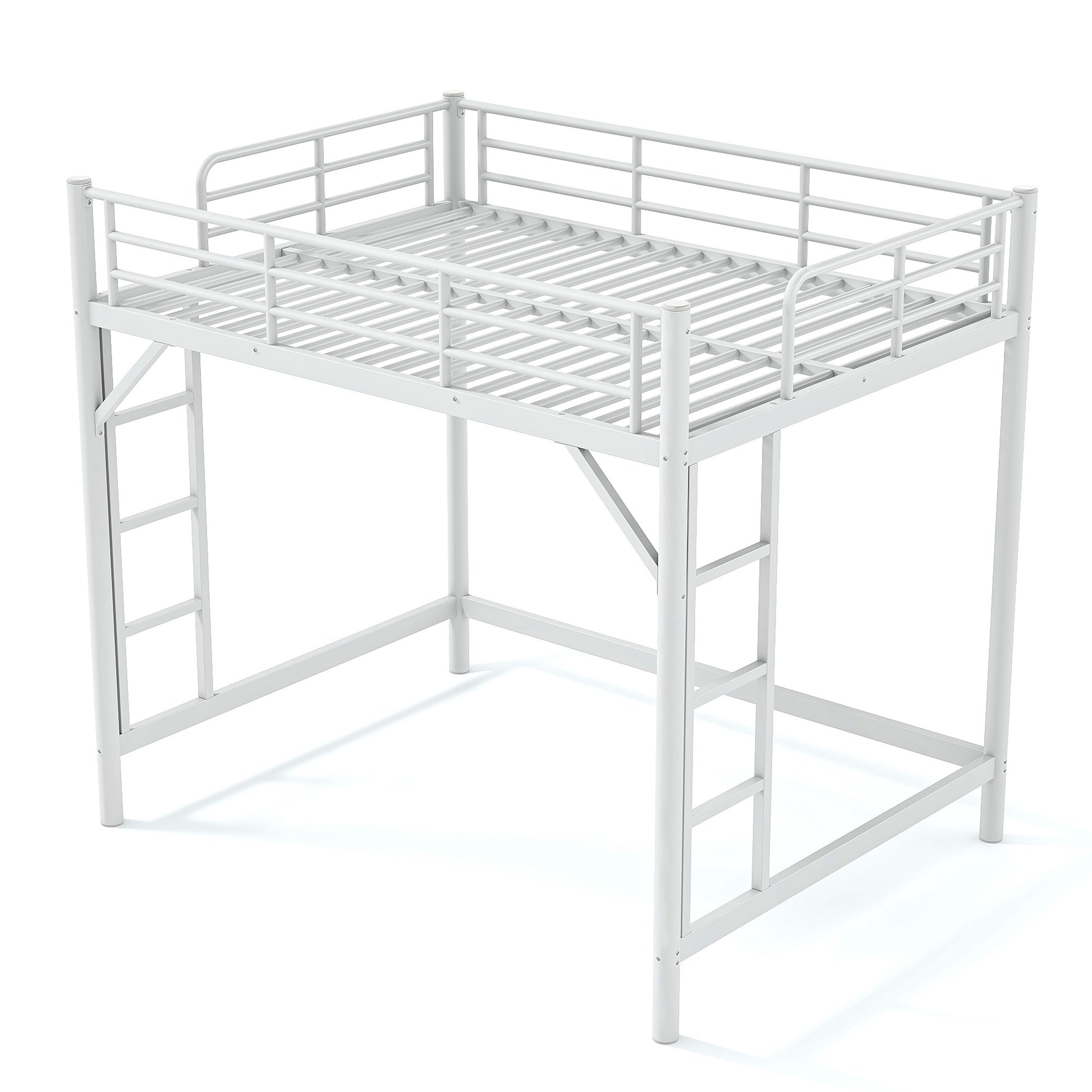 variant-group:rf-w1580p455016|Roomfitters Full Size Metal Loft Bed Frame with Guardrails, Heavy Duty Space Saving High Loft Bed Dual Ladders, White