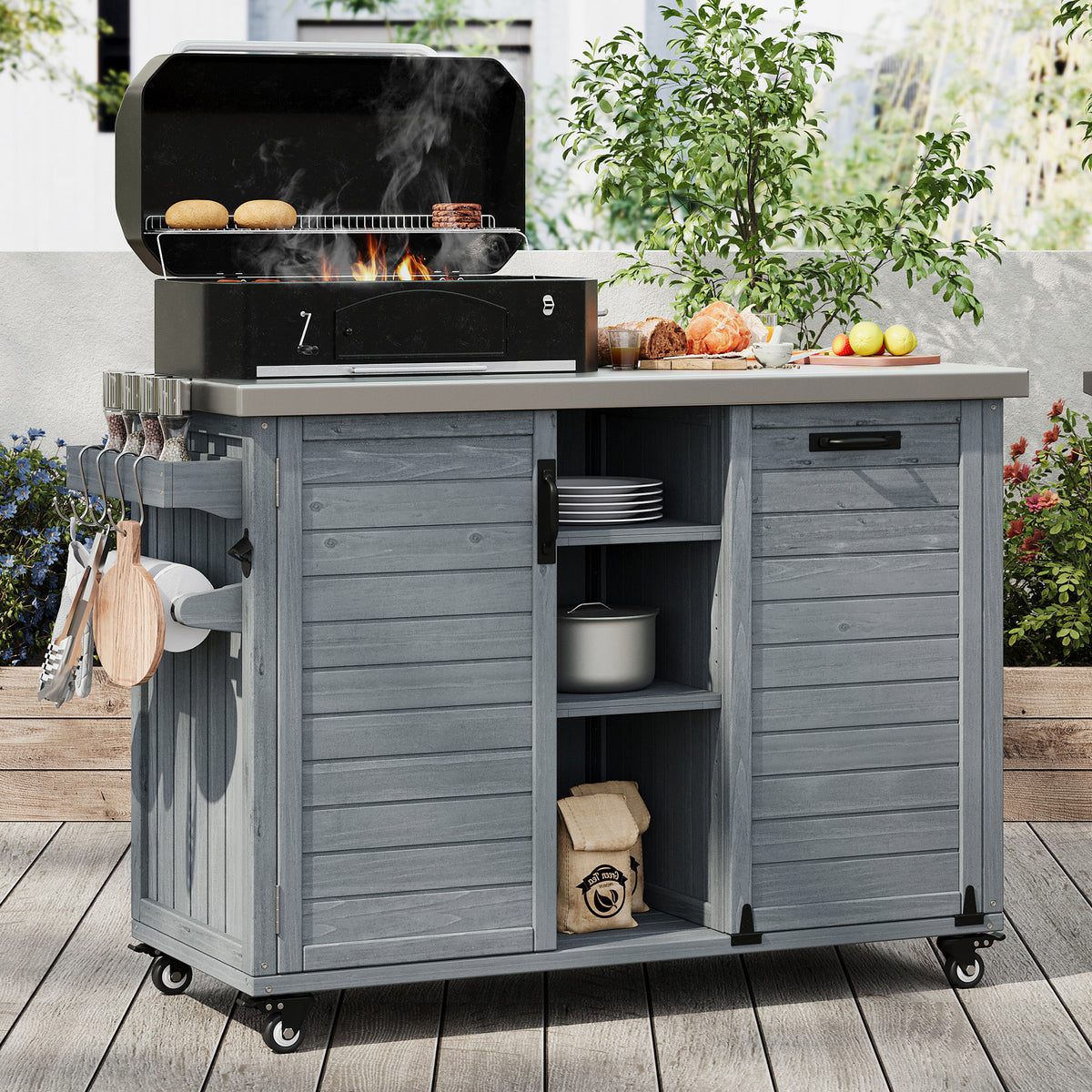 variant-group:rf-n707p370276g|Roomfitters 78.3" Outdoor Kitchen Island with Foldable Grill Table, Stainless Steel Top & Tilt Trash Can Storage, Grey Blue