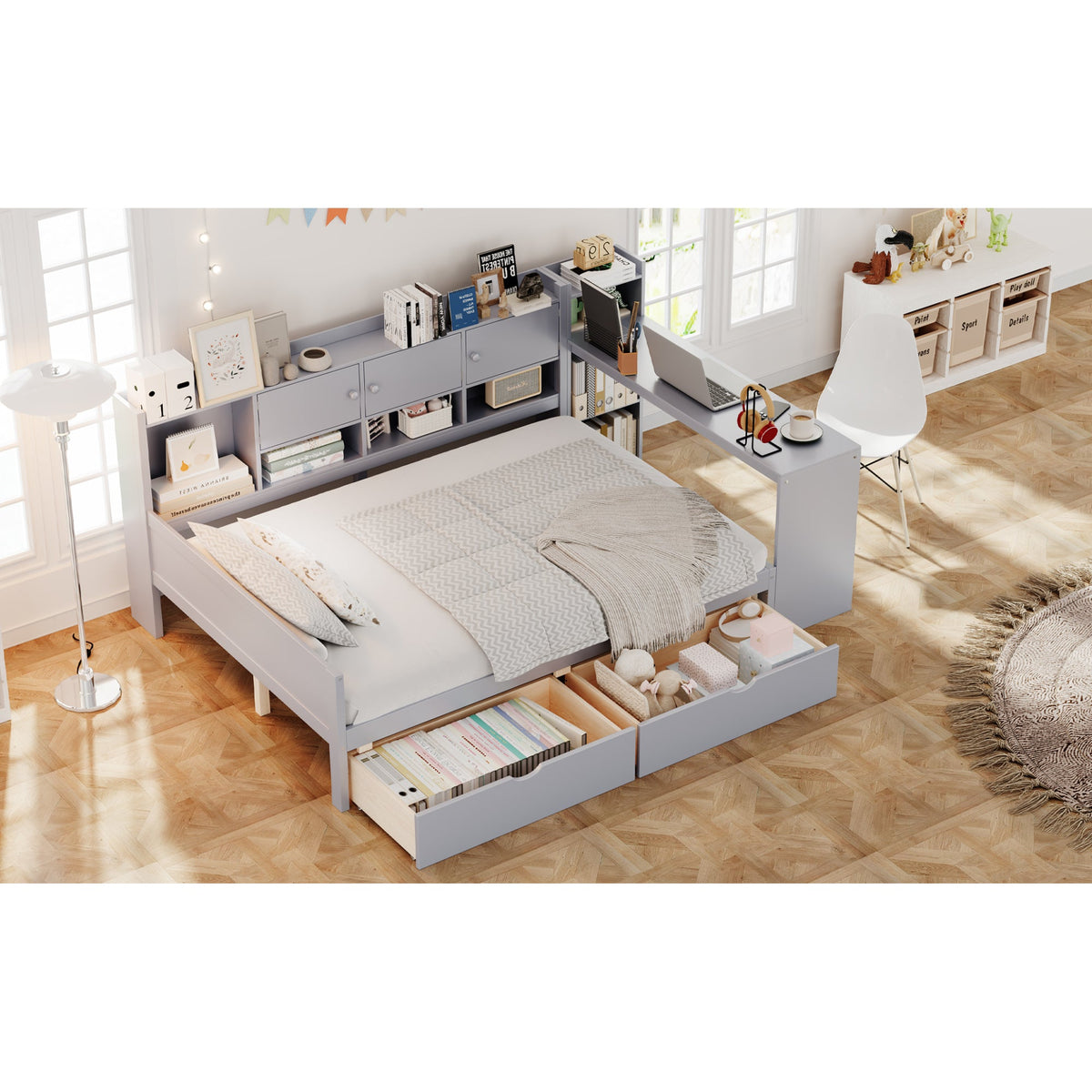 Roomfitters Full Size Wooden L-Shaped Daybed with 3 Cabinets, 2 Drawers, Desk and Bookshelf, Gray