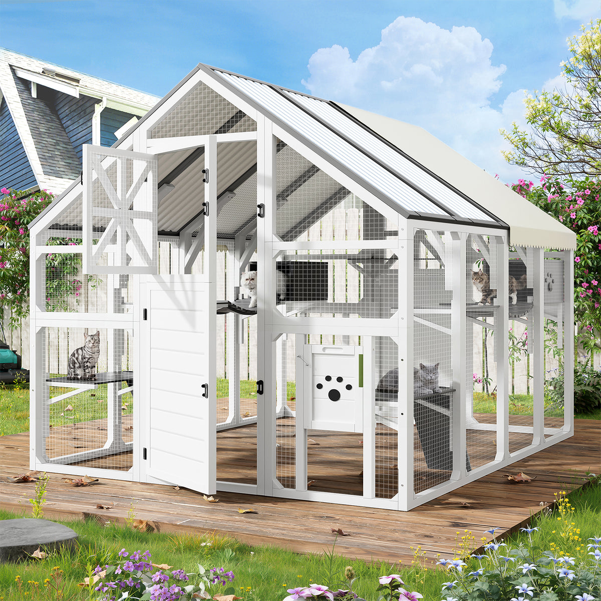 variant-group:rf-n704g201619e|Roomfitters Large Outdoor Cat House with Detachable Planter Stand and Scratching Posts Gray