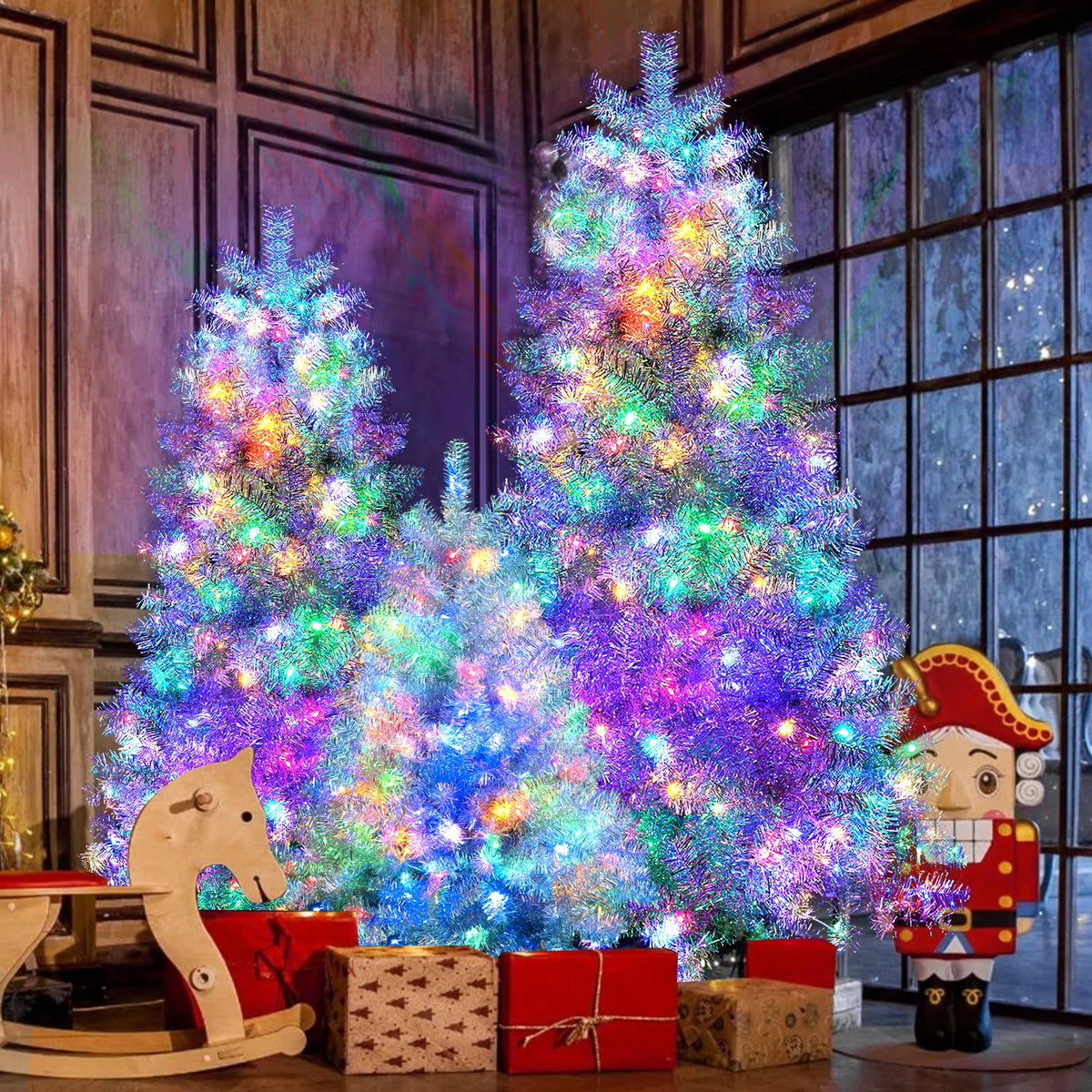 Roomfitters Pre-Lit Artificial Christmas Tree Set 4FT 6FT 7.4FT, Holiday Trees with Metal Stands, Warm Lights, 2400 Tips, Silver Roomfitters