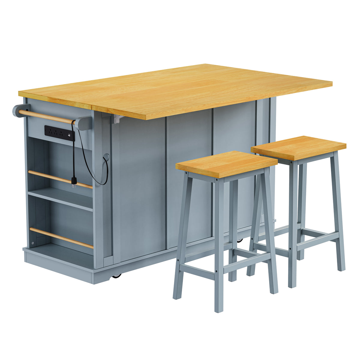 variant-group:rf-n707s003007g|Roomfitters 53" Kitchen Island with 2 Bar Stools, Drop Leaf, Power Outlet, Rolling Kitchen Cart Set with Storage, Grey-Blue