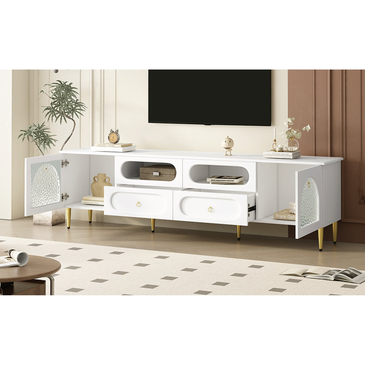 Roomfitters Retro TV Stand for up to 85 Inch TV, Media Console Cabinet with Drawers, Cabinets and Metal Legs, White Roomfitters