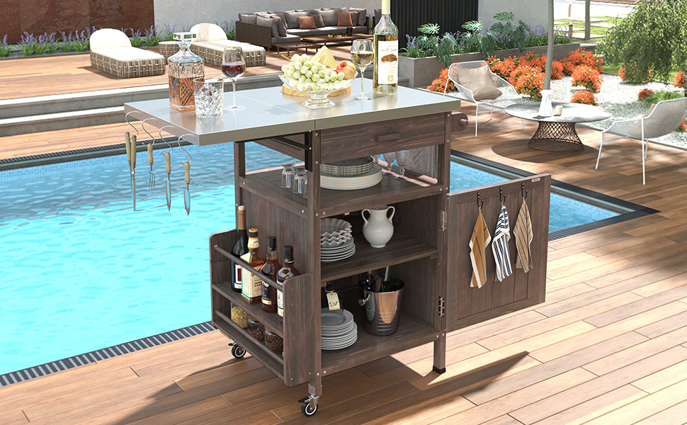 variant-group:rf-n707p228272z|Roomfitters 40.5" Outdoor Grill Cart with Stainless Steel Top, Wood Storage Cabinet, Drop Leaf, Rolling Cart, Brown