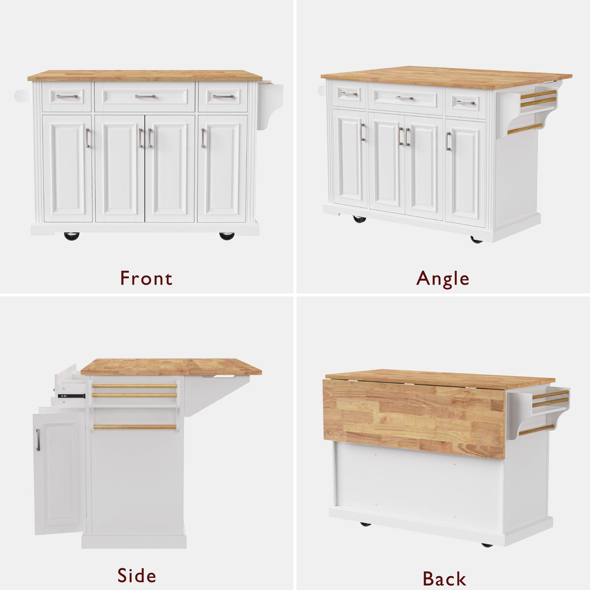 variant-group:rf-n707s195395w|Roomfitters 54" Kitchen Island with Wood Top, Rolling Storage Cabinet with 3 Drawers and 3 Doors, Spice Rack, White