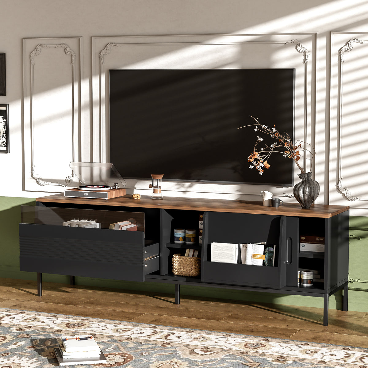 variant-group:rf-n724p360370b|Roomfitters Mid-Century Modern 70" TV Stand Console with Sliding Doors, Black