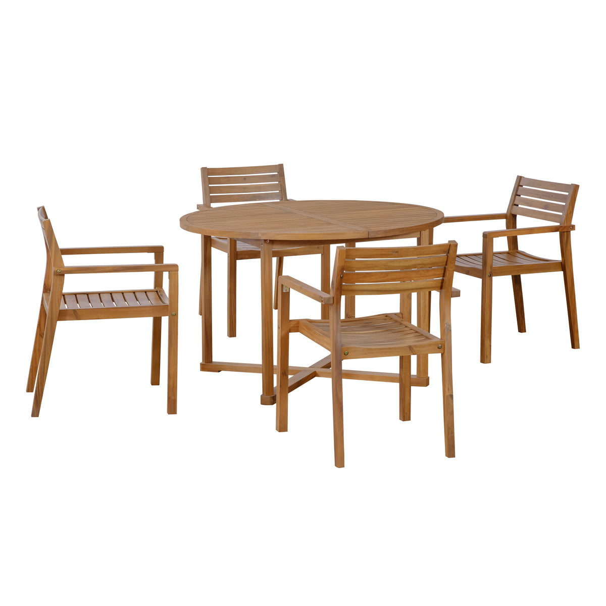 variant-group:rf-n711wy000475aao|Roomfitters 5-Piece Outdoor Dining Set for 4, 47.2-Inch Round Acacia Wood Table, Natural Brown Slatted Patio Group