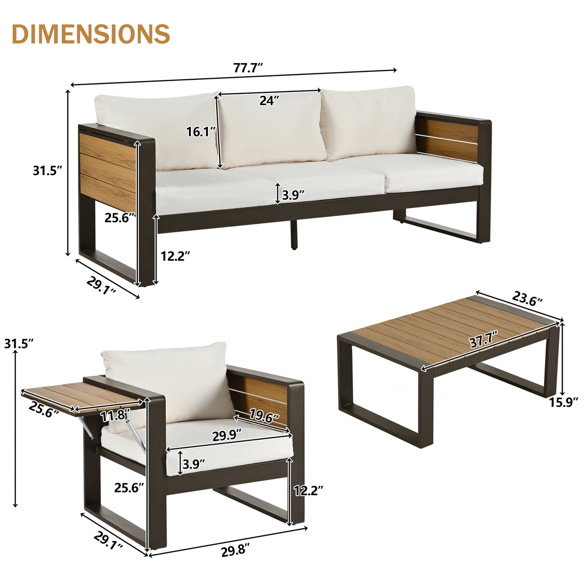 variant-group:rf-n704g201257a|Roomfitters 4-Piece Aluminum Patio Conversation Set with Four Fold-Out Side Trays and Slatted Coffee Table Beige
