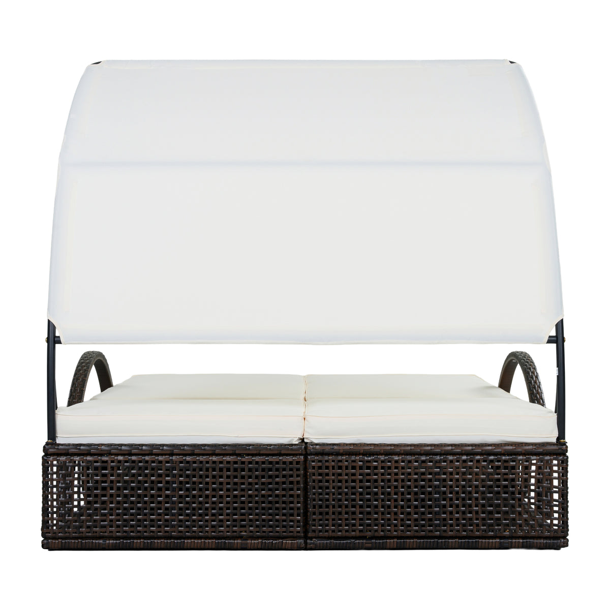 variant-group:rf-n711wy000485aaa|Roomfitters Beige HDPE Wicker Outdoor Double Sunbed, Steel Frame Patio Chaise, Hidden Side Tables, Canopy Shade