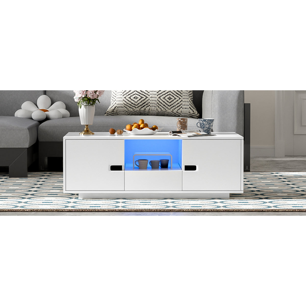 variant-group:rf-n724p294656k|Roomfitters Modern Glossy Coffee Table with Storage Space and Light Accent, Rectangle Center Table for Living Room, White