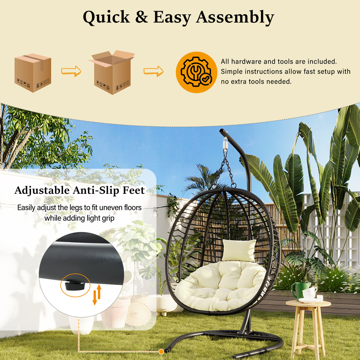 variant-group:rf-n711p389503a|Roomfitters Single Person Folding Egg Chair with Stand, UV Resistant Wicker Rattan Swing for Patio, Garden, Black+Beige