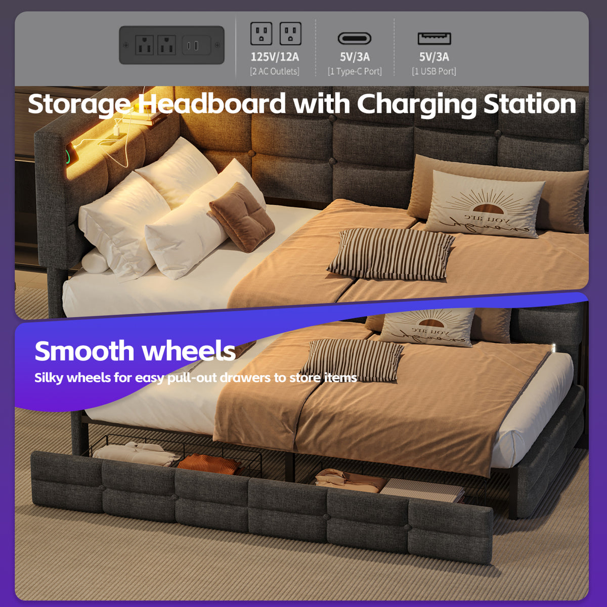 variant-group:rf-n733p285121e|Roomfitters Upholstered Twin Size Daybed with Storage Drawers and Charging Station, Bed Frame with Storage Headboard, No Box Spring Needed, Gray