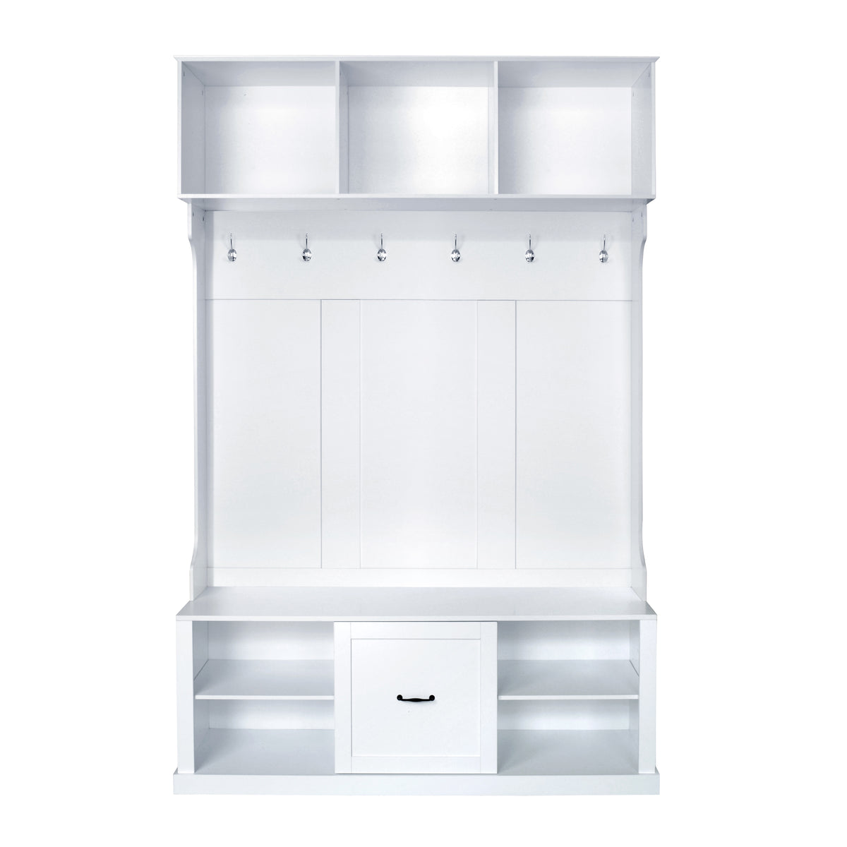 variant-group:rf-n724p264673k|Roomfitters 3-in-1 Hall Tree with 6 Hooks, Coat Rack and Entryway Bench, 57" Organizer with Drawer for Hallway or Living Room, White
