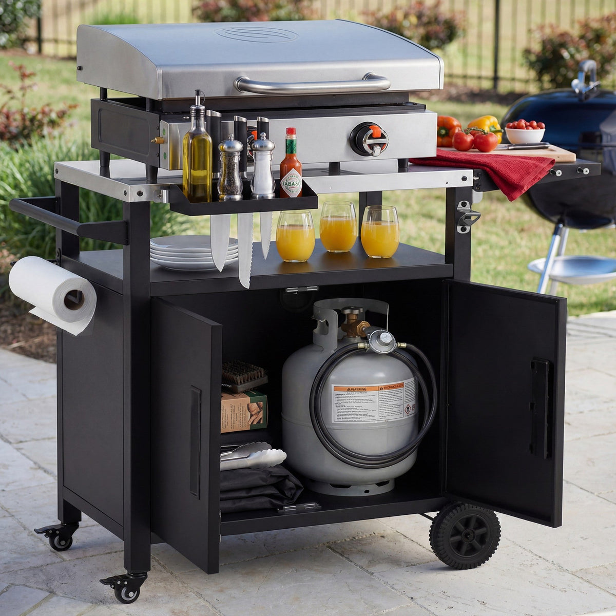 Roomfitters Grill Cart with Stainless Steel Top, Outdoor Kitchen Island, BBQ Prep Station with Trash Bag Holder and Hooks, Black