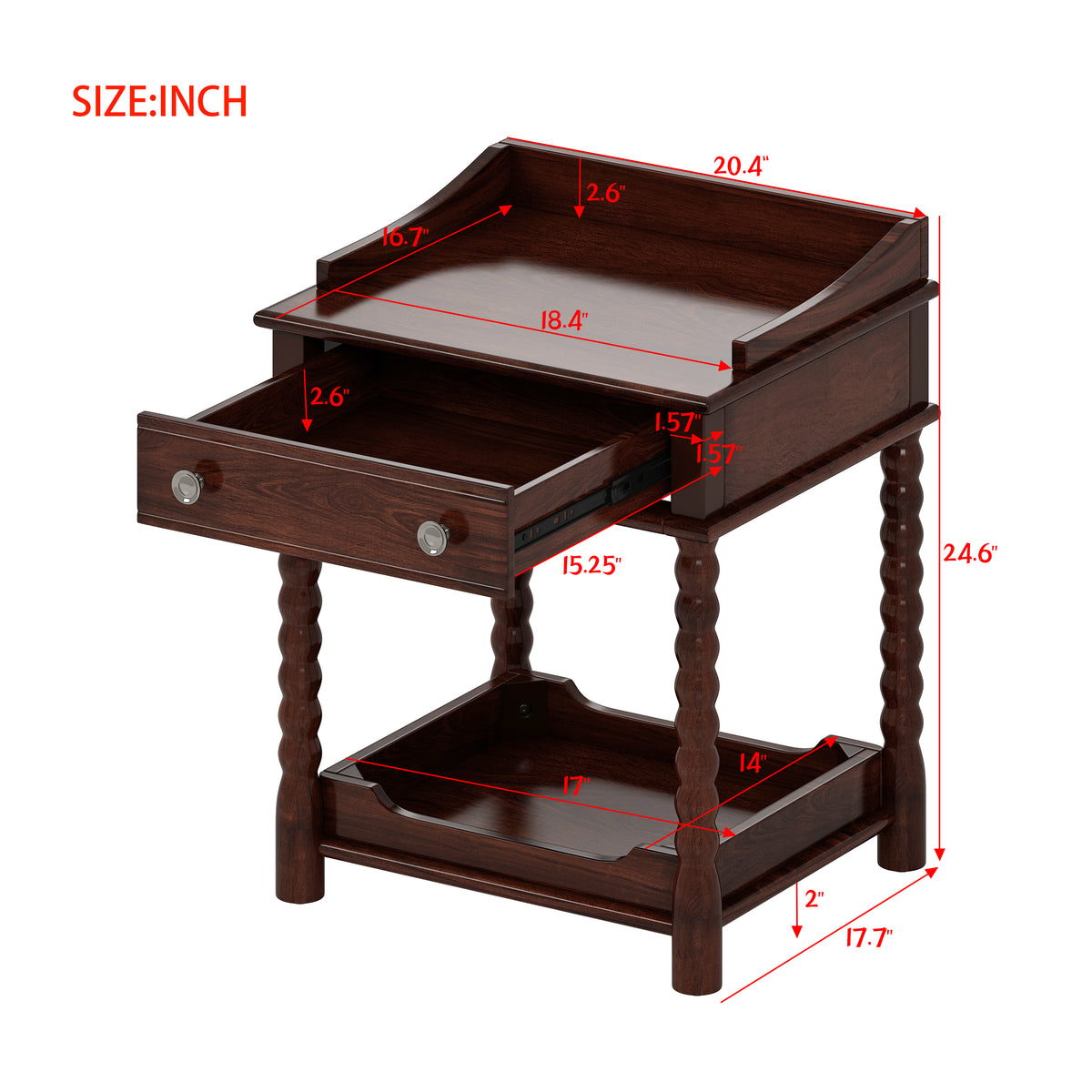variant-group:rf-n733p206240d|Roomfitters Retro Style Bedside Table with Storage and Open Shelf, Turned Legs, and Metal Handle, Walnut