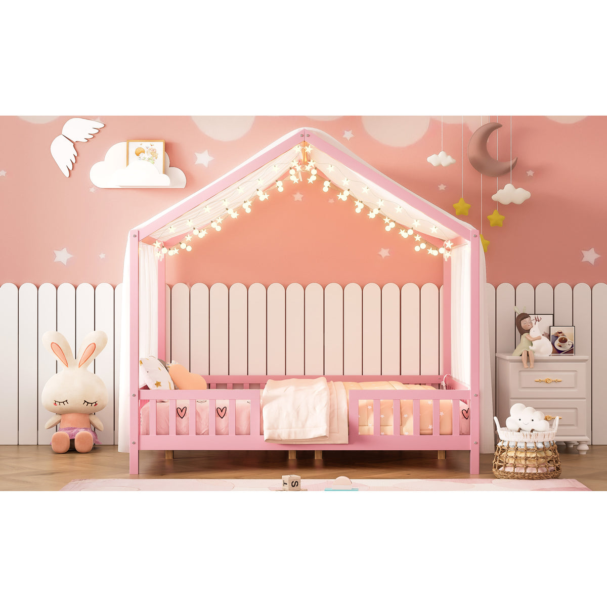 variant-group:rf-n733p356048h|Roomfitters Full Montessori Floor Bed with Canopy, House Shape Wood Frame with Safety Rails, Platform Bed, Pink