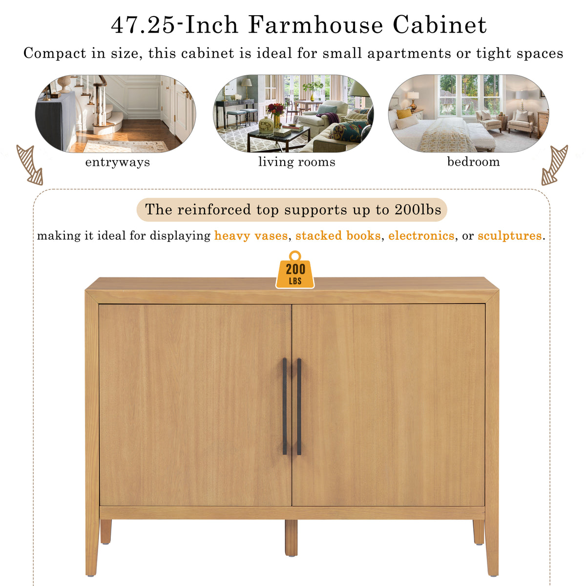 variant-group:rf-n711p410389o|Roomfitters 47.25-Inch Farmhouse Sideboard, 2-Door Buffet Cabinet, Natural Wooden Storage Console, Metal Handles