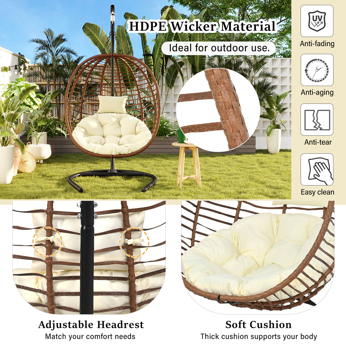 variant-group:rf-n711p389503k|Roomfitters Single Person Folding Egg Chair with Stand, UV Resistant Wicker Rattan Swing for Patio, Garden, Brown+Beige