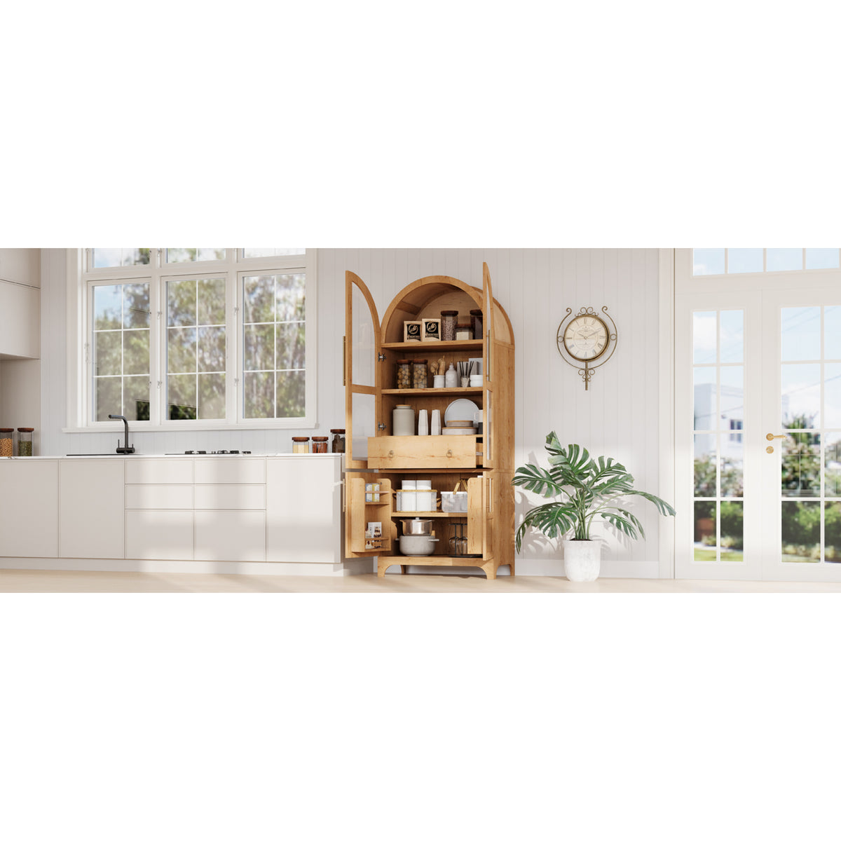 variant-group:rf-n707s288969y|Roomfitters 71" Pantry Cabinet with Arched Top & Glass Doors, 4-Door Storage Hutch with Adjustable Shelves for Kitchen, Natural