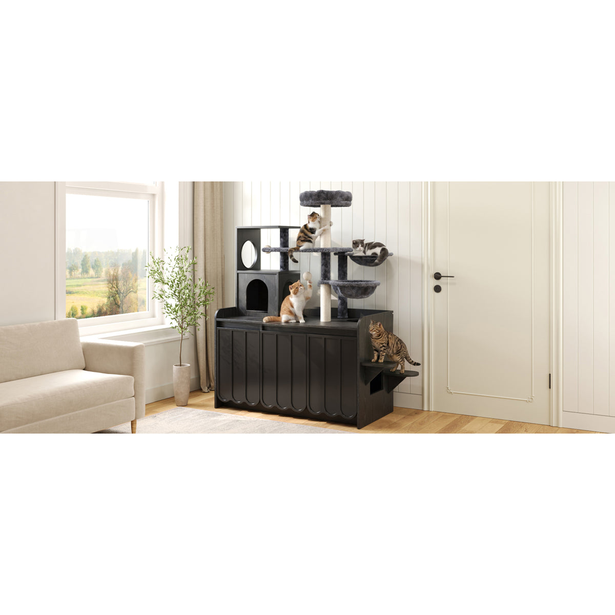 variant-group:rf-n704p443505b|Roomfitters All-in-One Modern Multi-Level Cat Tree Tower Condo with Hidden Litter Box Enclosure Space Black