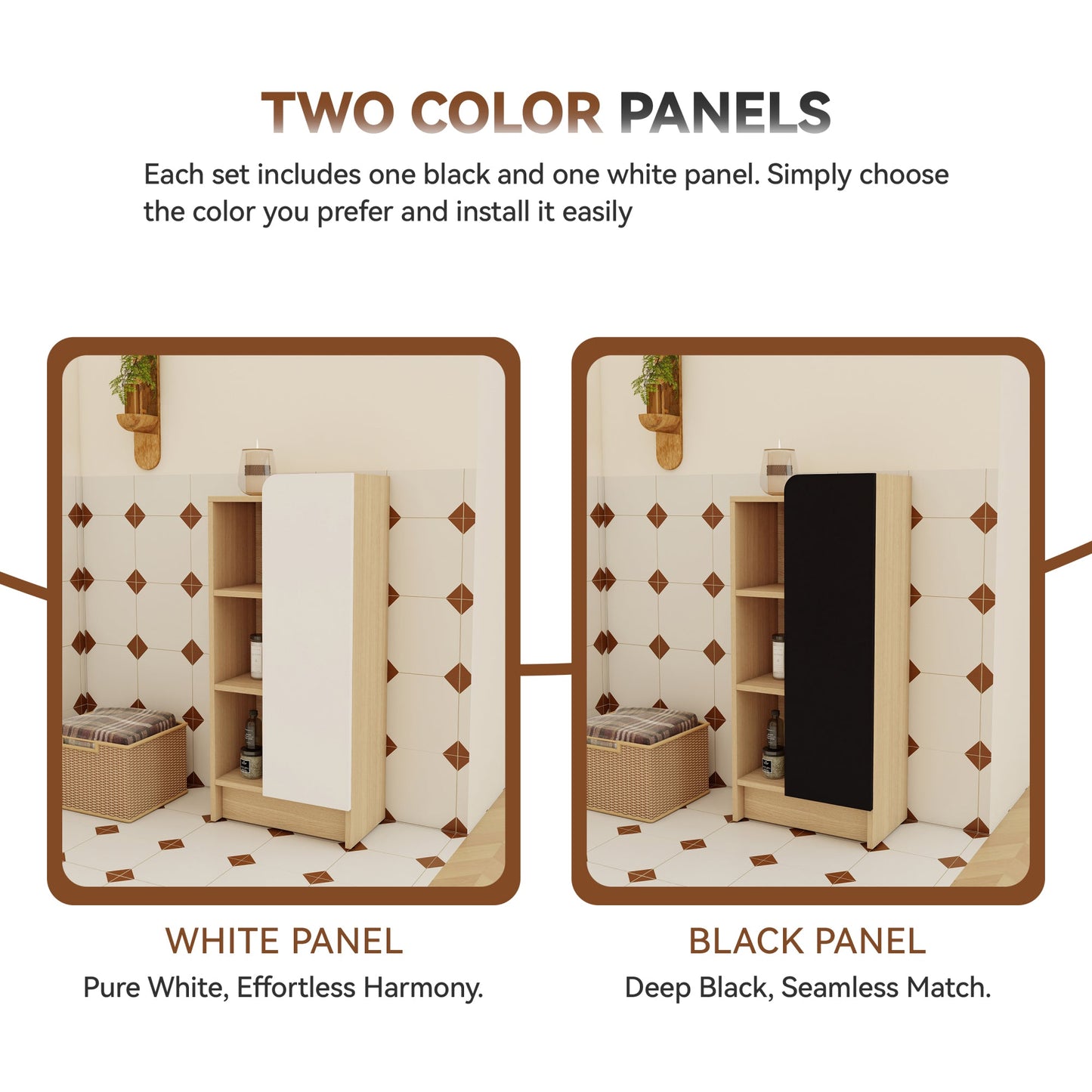 16" Medium Light Oak Freestanding Bathroom Side Cabinet, Narrow Storage Cabinet with Single Door & 3-Tier Open Shelves, KD (Ready-to-Assemble), Dual-Color Door Panels (White & Black), Plywood Construc Roomfitters