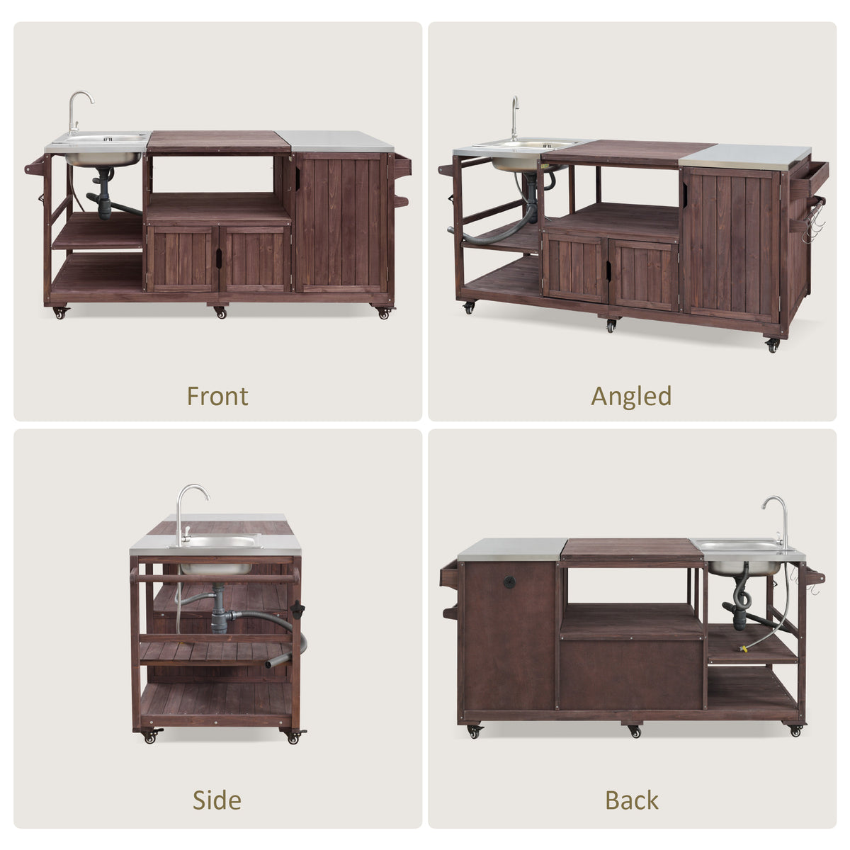 variant-group:rf-n707s000022z|Roomfitters 75.4" Outdoor Kitchen Island with Sink, Fir Wood Grill Cart for XL Green Egg & Tabletop Grills, Brown