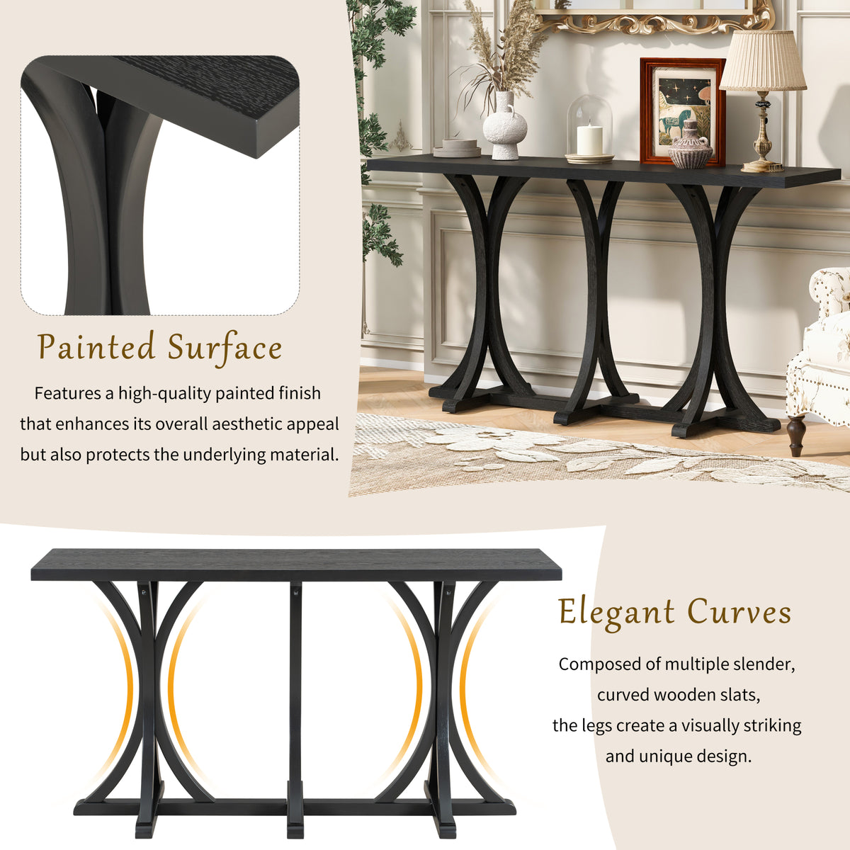 variant-group:rf-n711p295300b|Roomfitters 59.8" Console Table with Oak Veneer Top, Modern Arched Leg Entryway Sofa Table for Hallway & Living Room, Black