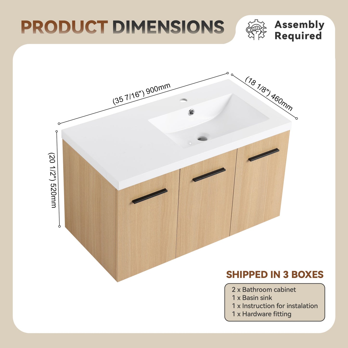 36" Wall-Mounted Floating Bathroom Vanity with Sink, Light Oak, 3-Door Modular Cabinet (2-Door + 1-Door), Gel Coat Integrated Sink Top, 3 Boxes, Ready-to-Assemble Roomfitters