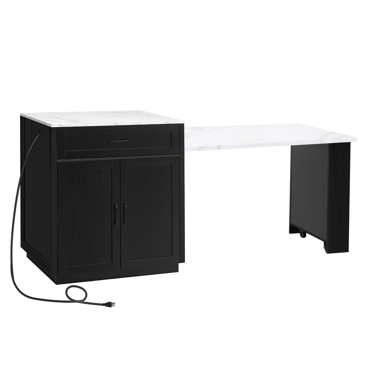 variant-group:rf-n707s000010b|Roomfitters 82.7" Kitchen Island with Extendable Table, Faux Marble Top, Double Storage, Power Outlet, Black