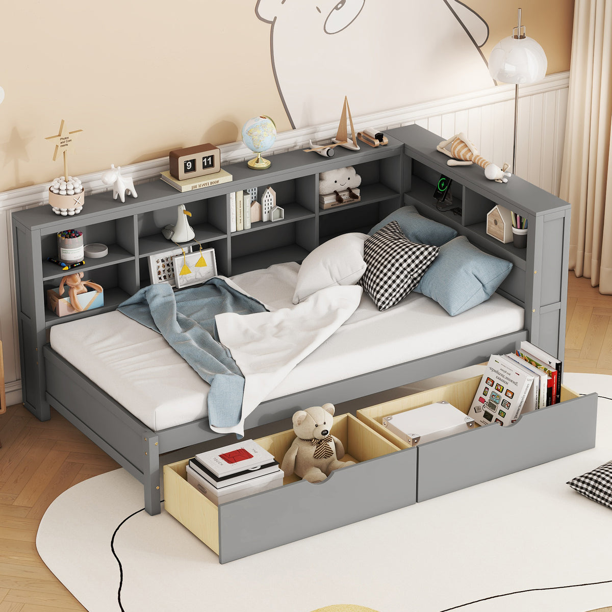 variant-group:rf-n733s347768e|Roomfitters Wooden Twin Daybed with Underbed Storage, Built-In Shelf & USB Charging Ports, Gray