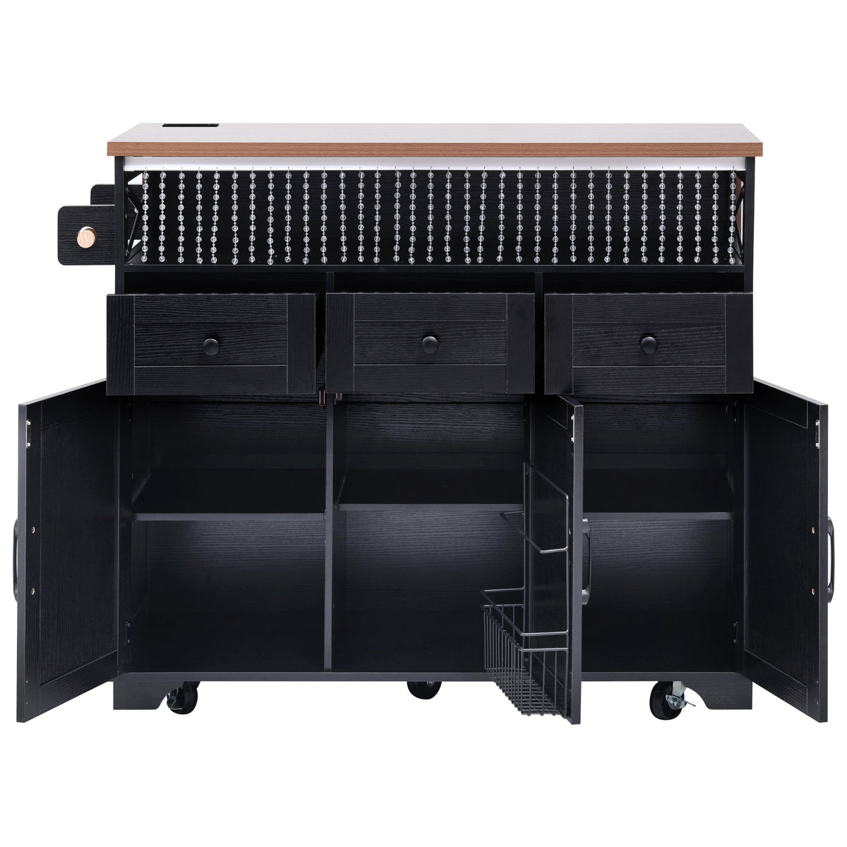 variant-group:rf-n707p254872b|Roomfitters 46.5" Rolling Kitchen Island with Drop Leaf, Mobile Cart with 2 AC Outlets & USB, Beaded Drape & 3 Drawers, Black