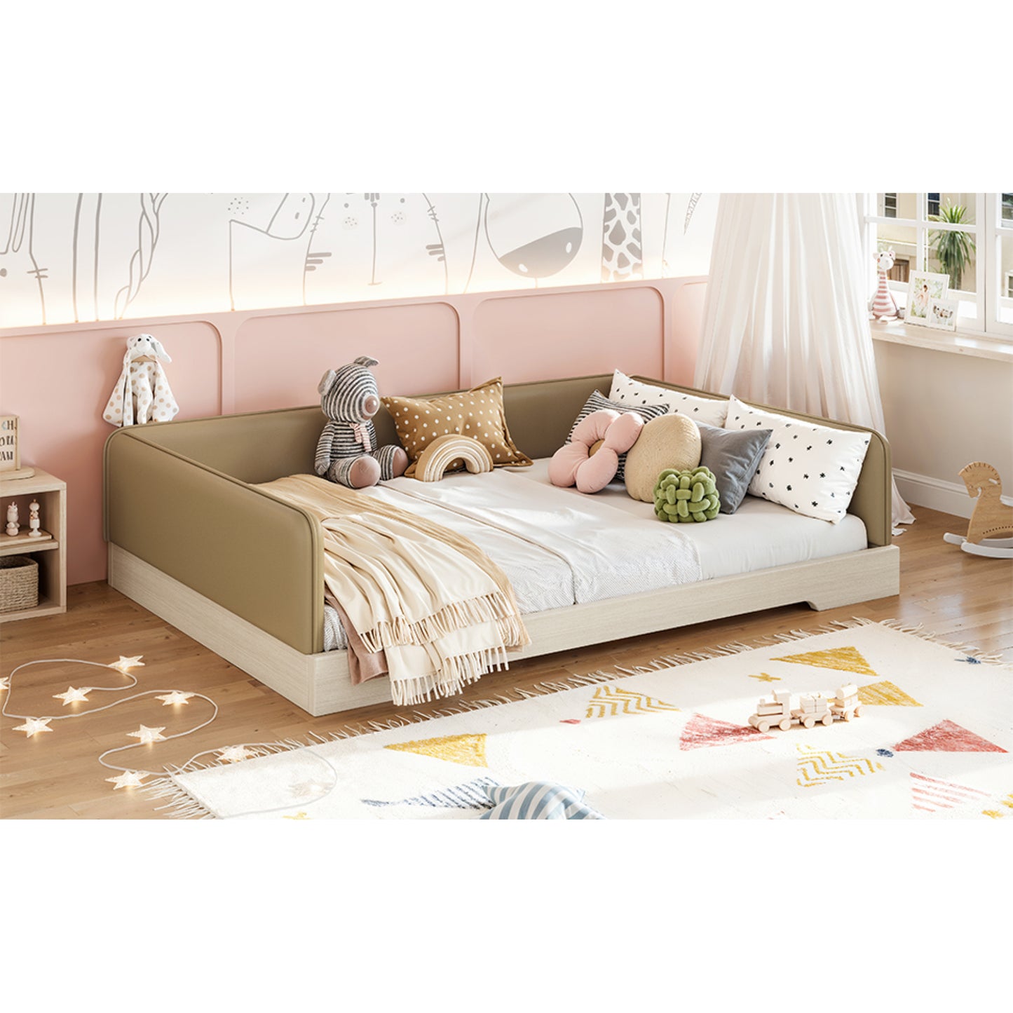 variant-group:rf-w1580s00670|Roomfitters Full Size Upholstered Floor Bed Frame with Removable Guardrails, Faux Leather Low Profile Platform, Brown