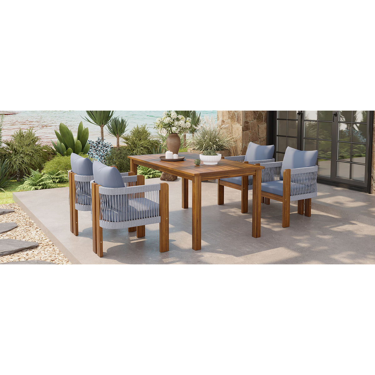 variant-group:rf-n711wy000496aae|Roomfitters 5-Piece Rope Woven Outdoor Dining Set, Farmhouse Solid Acacia Table, 4 Chairs Pack, Brown and Grey