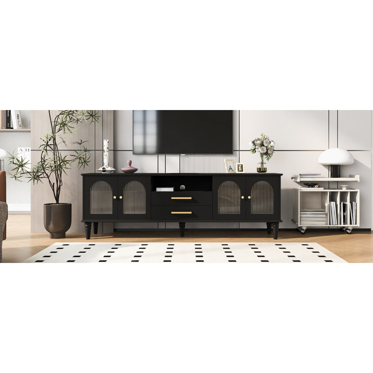 Roomfitters Retro TV Stand for up to 75 Inch TV, Fluted Glass Door Media Console with Five Wood Legs, Black Roomfitters
