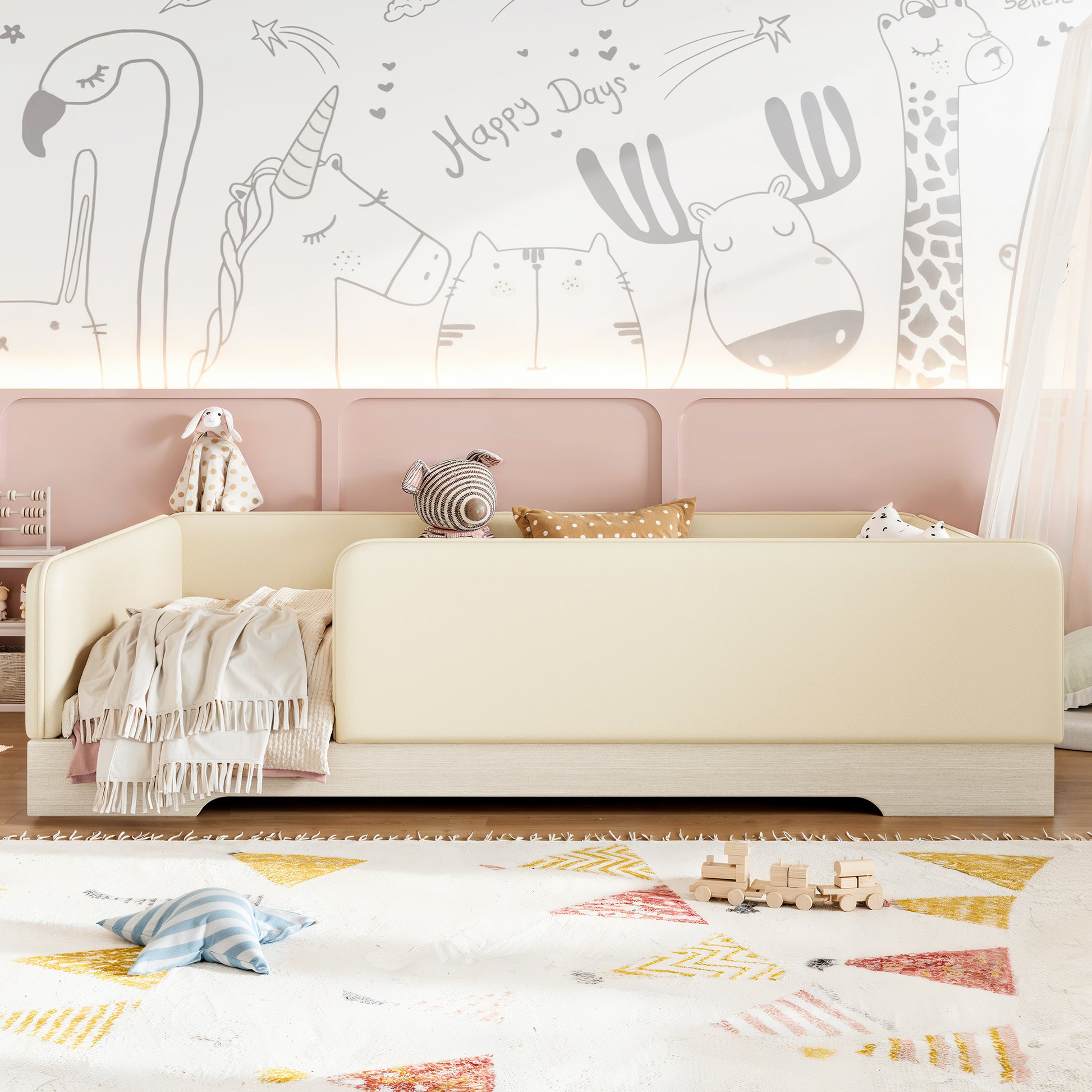 variant-group:rf-w1580s00671|Roomfitters Full Size Upholstered Floor Bed Frame with Removable Guardrails, Faux Leather Low Profile Platform, Beige