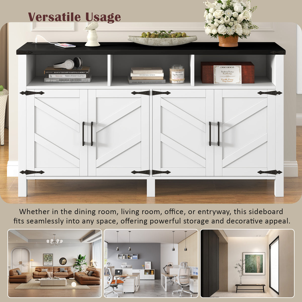variant-group:rf-n711p347407k|Roomfitters 59" Sideboard Buffet Cabinet with 4 Door & Open Storage, Modern Farmhouse Industrial Coffee Bar Station, White+Black