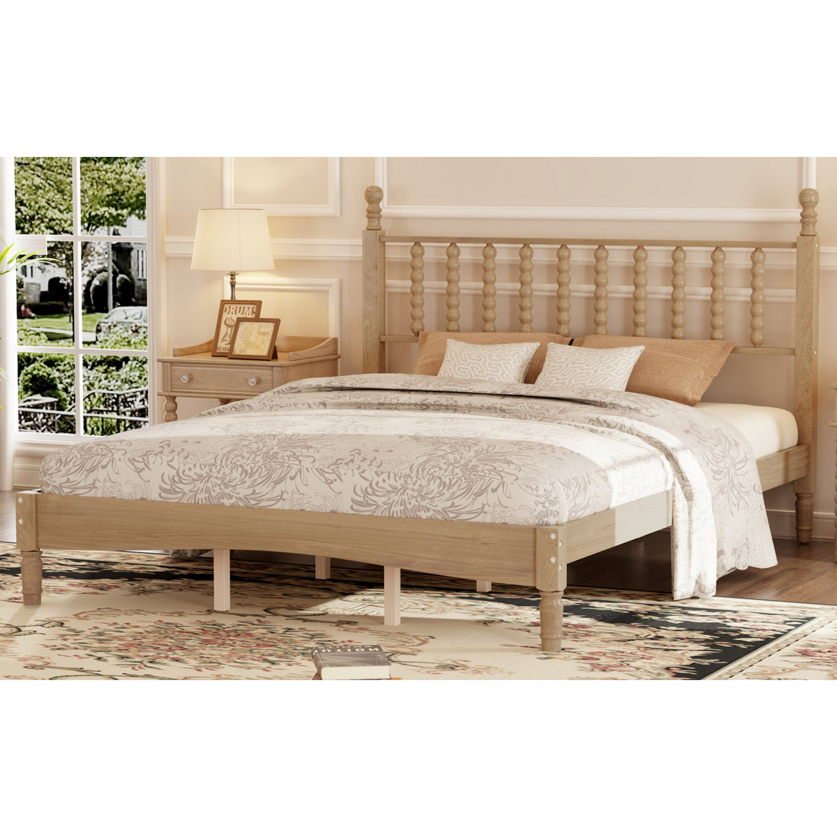 variant-group:rf-n733p206242m|Roomfitters Queen Size Wood Platform Bed with Gourd Shaped Headboard, Retro Style Platform Bed with Wooden Slat Support, Natural