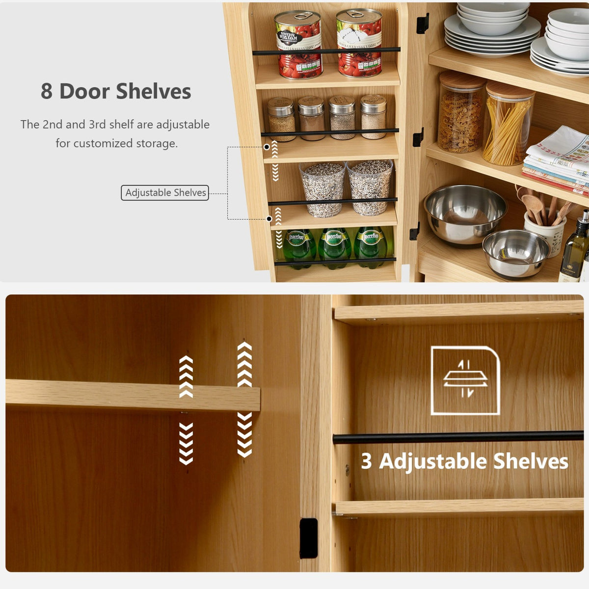 variant-group:rf-n707s000021y|Roomfitters 72" Tall Farmhouse Kitchen Pantry Cabinet with Curved Profile & 8 Door Shelves, Natural Oak
