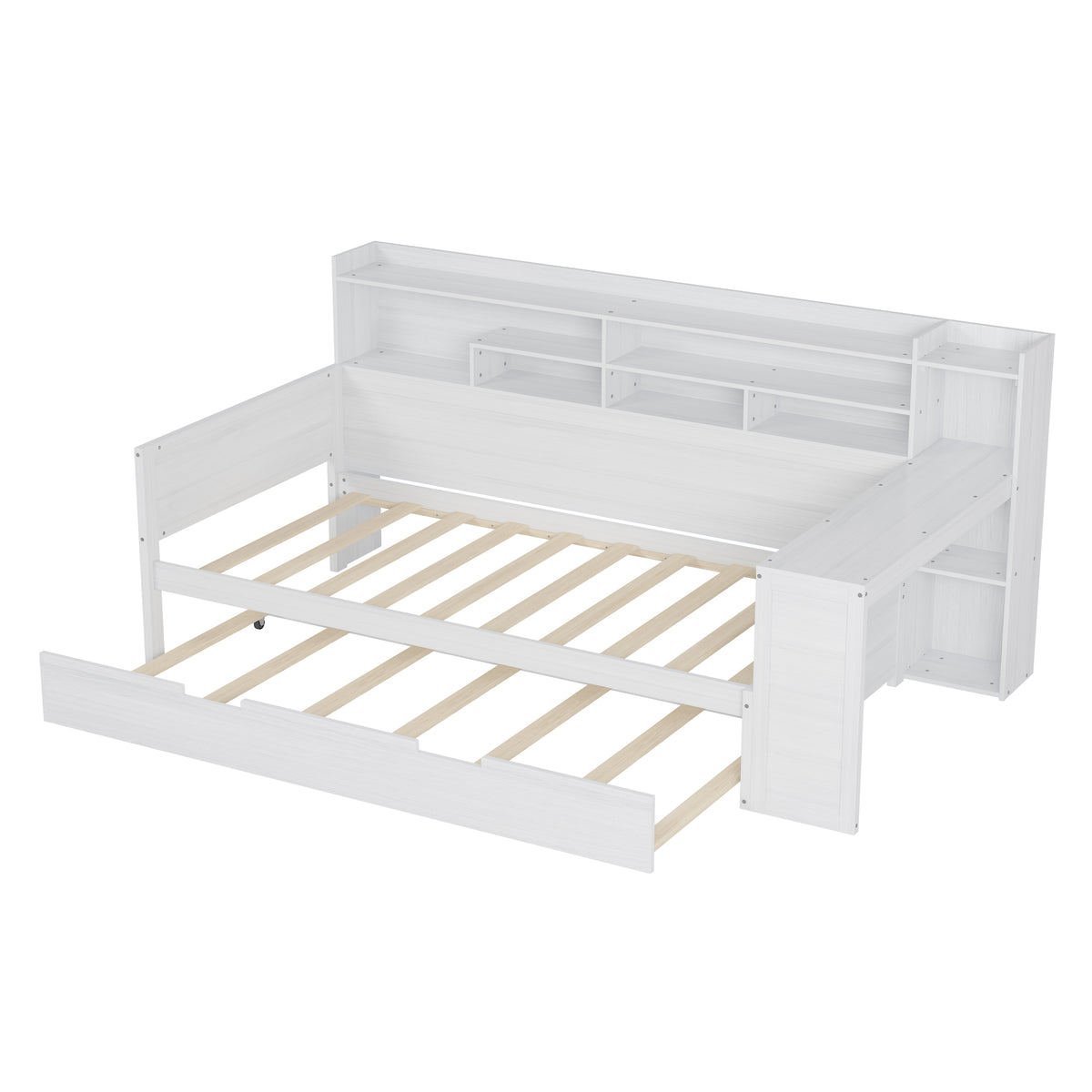 variant-group:rf-n733s373389k|Roomfitters Twin Daybed with Trundle, Storage Shelves and Desk, Wooden Multi-Functional Bed, Antique White
