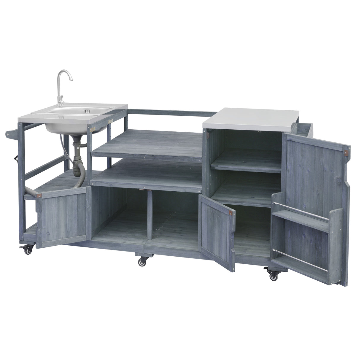 variant-group:rf-n707s000022g|Roomfitters 75.4" Outdoor Kitchen Island with Sink, Fir Wood Grill Cart for XL Green Egg & Tabletop Grills, Grey Blue