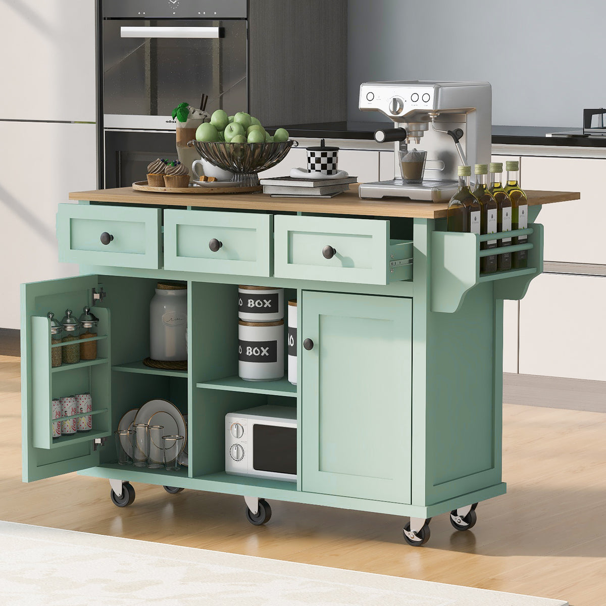 variant-group:rf-n707wf298028aae|Roomfitters Kitchen Cart with Rubber Wood Drop-Leaf Countertop, Cabinet Door Storage Racks, 5-Wheel Kitchen Island with Storage Cabinet & 3 Drawers, Mint Green