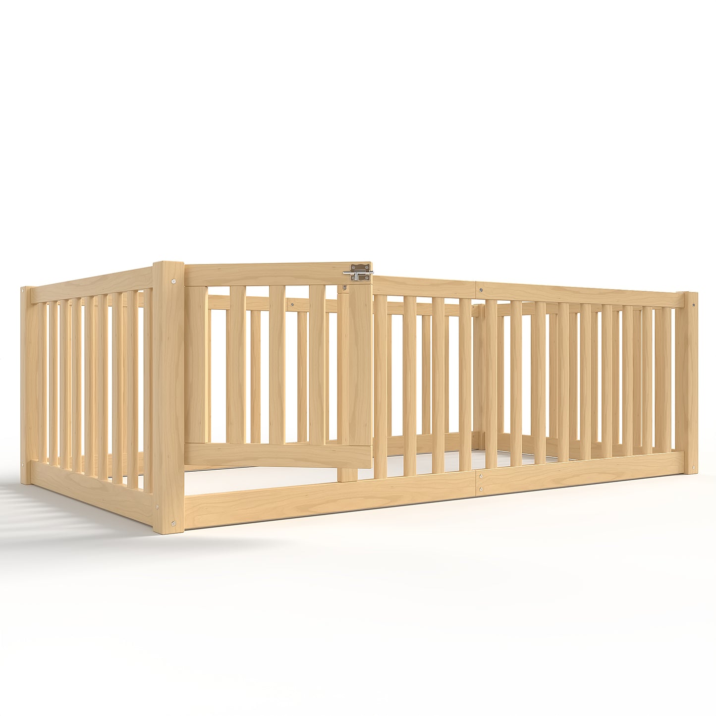 variant-group:rf-w1580p417669|Roomfitters Twin Size Wooden Floor Bed with Safety Guardrails Door, Solid Wood Low Profile Toddler Bed Frame, Natural